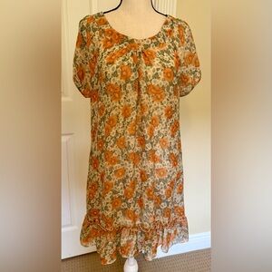 Karma Orange and White Floral Mini Dress Short Sleeve, Size M